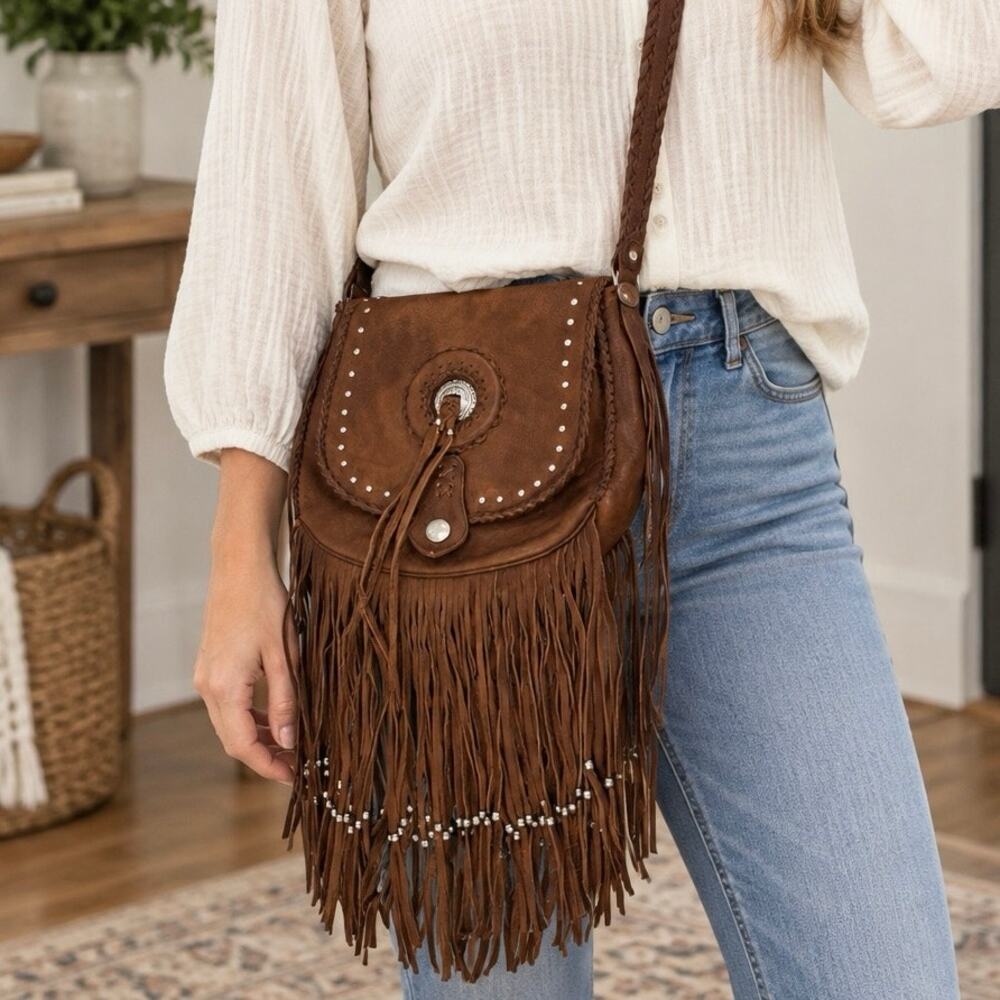 Kobler Leather Concho Fringe Brown Crossbody Western Studded Cowgirl Boho Bag